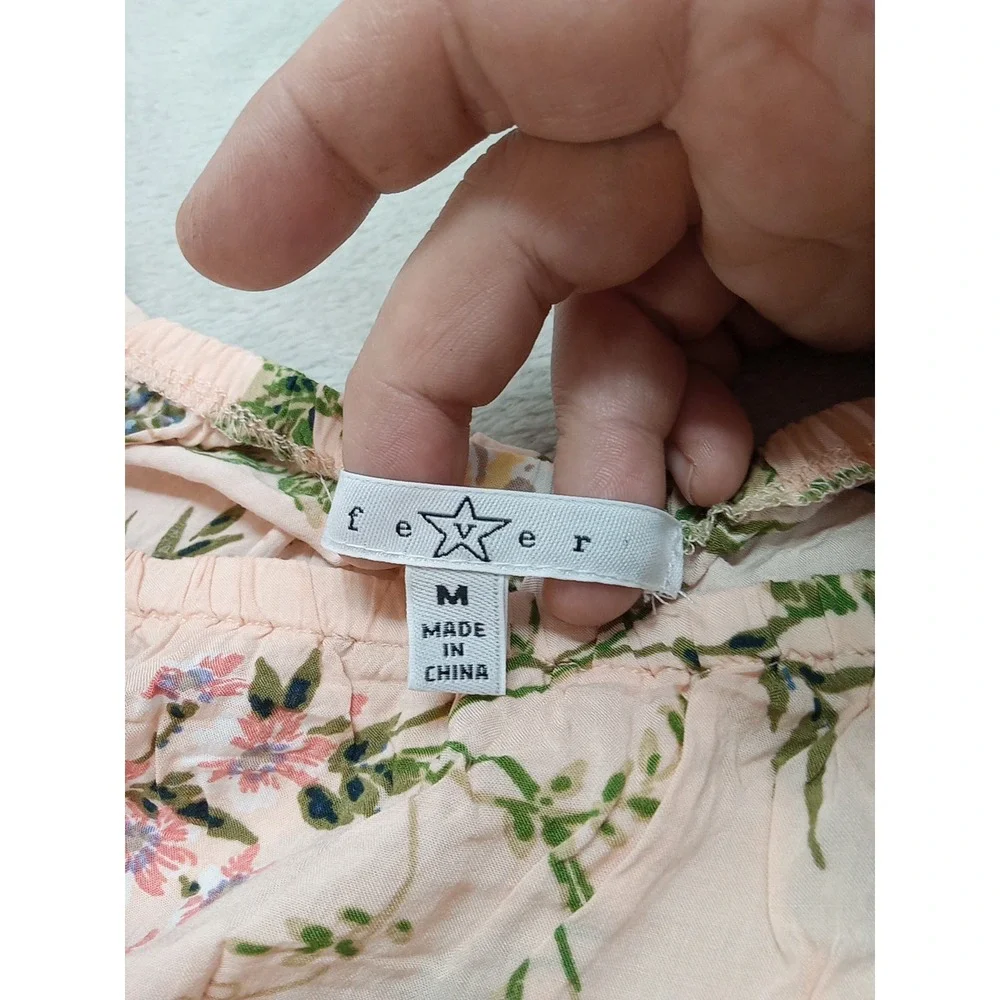 Fever Peach Floral Sheer Bell Sleeve And Hem Perforated Detail Boho Top Womens M